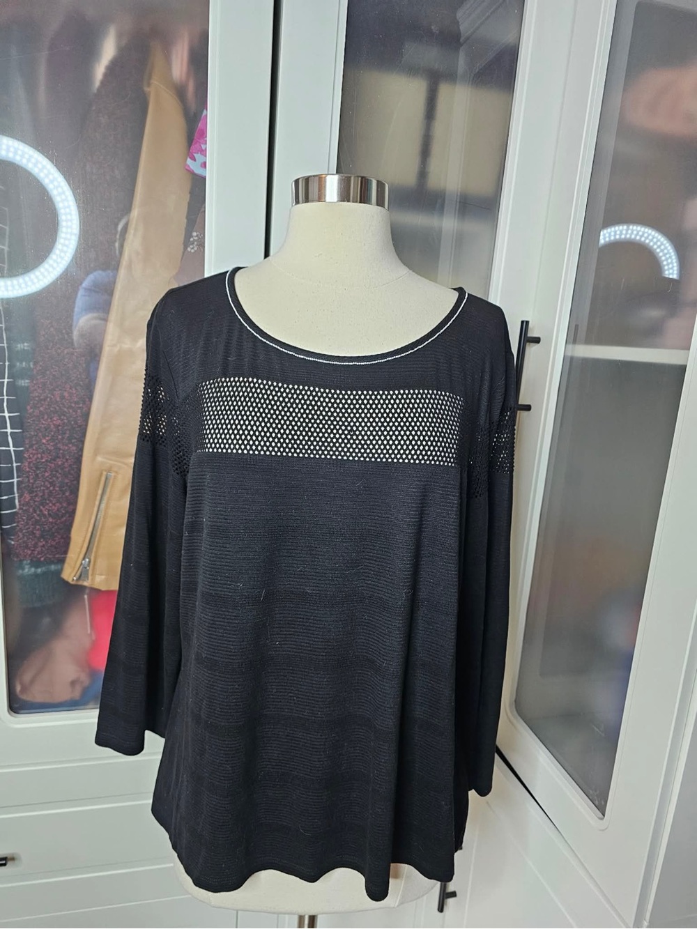 St. John Black Long Sleeve Knit Top with Mesh Yoke